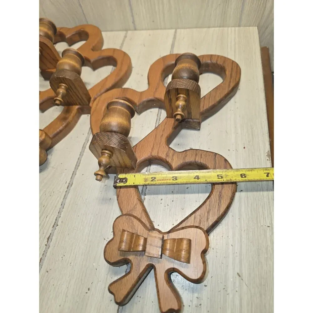 Vtg 1980s Triple Heart Wood Wall Sconces Handmade Set Of 2 Cottagecore Heritage